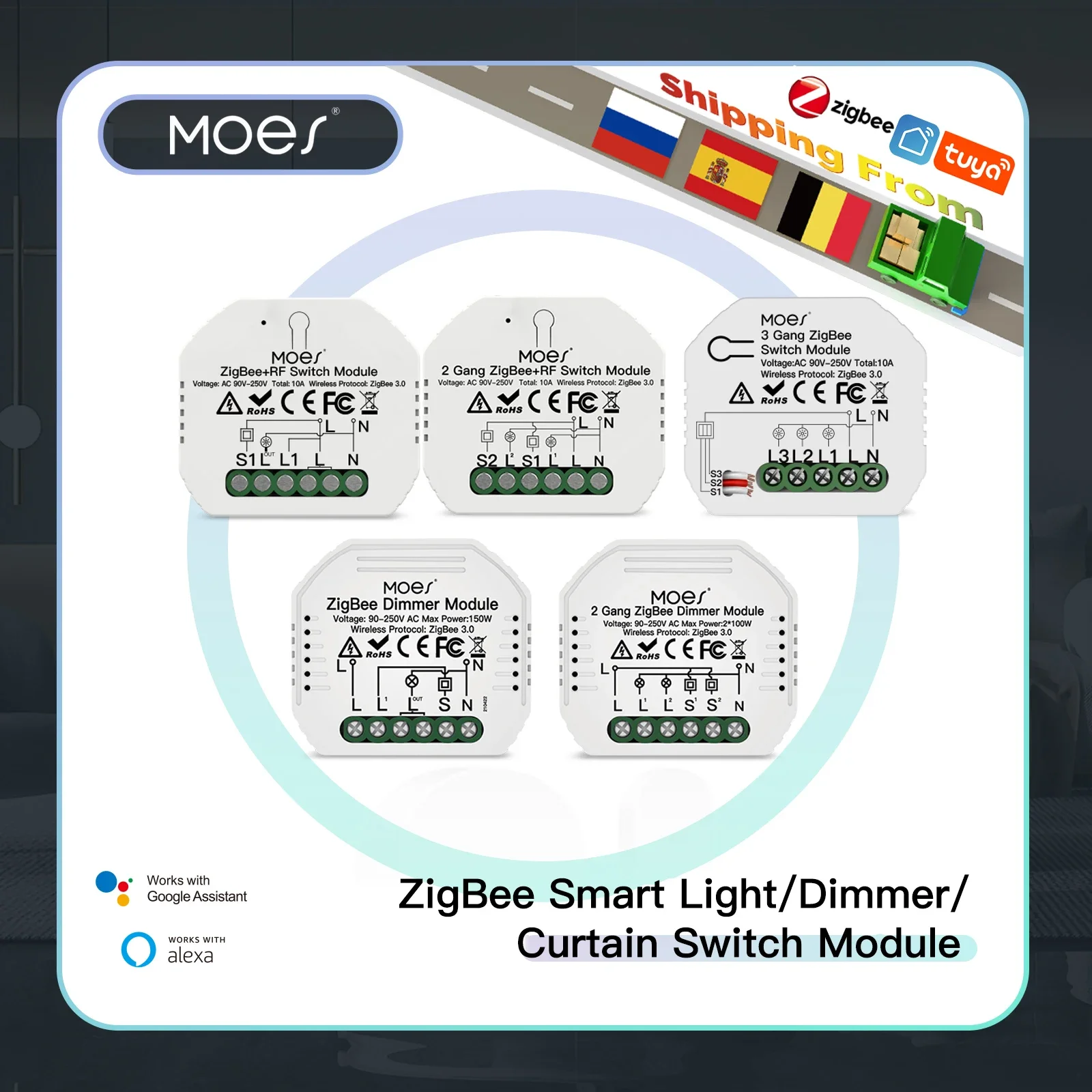 MOES Tuya ZigBee 3.0 Inteligentny moduł przekaźnika włącznika światła 1/2/3 Gang Smart Life/Tuya App Control, współpracuje z Alexa Google Home Yandex