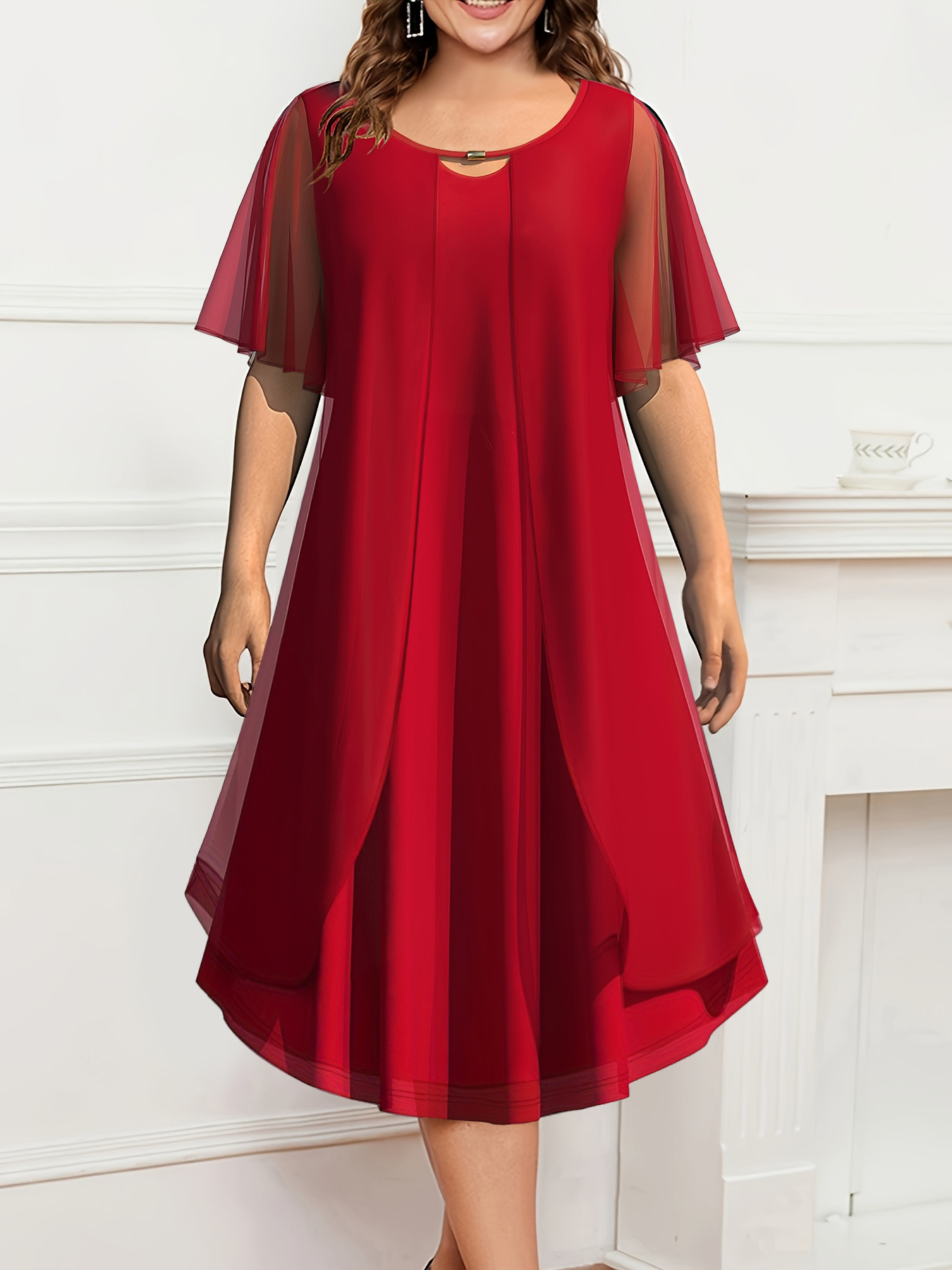 Vestido de talla grande de malla para mujer, vestido Midi de gasa liso cansado, elegante, informal, corte en A, manga corta, moda de verano, vestidos de oficina para mujer