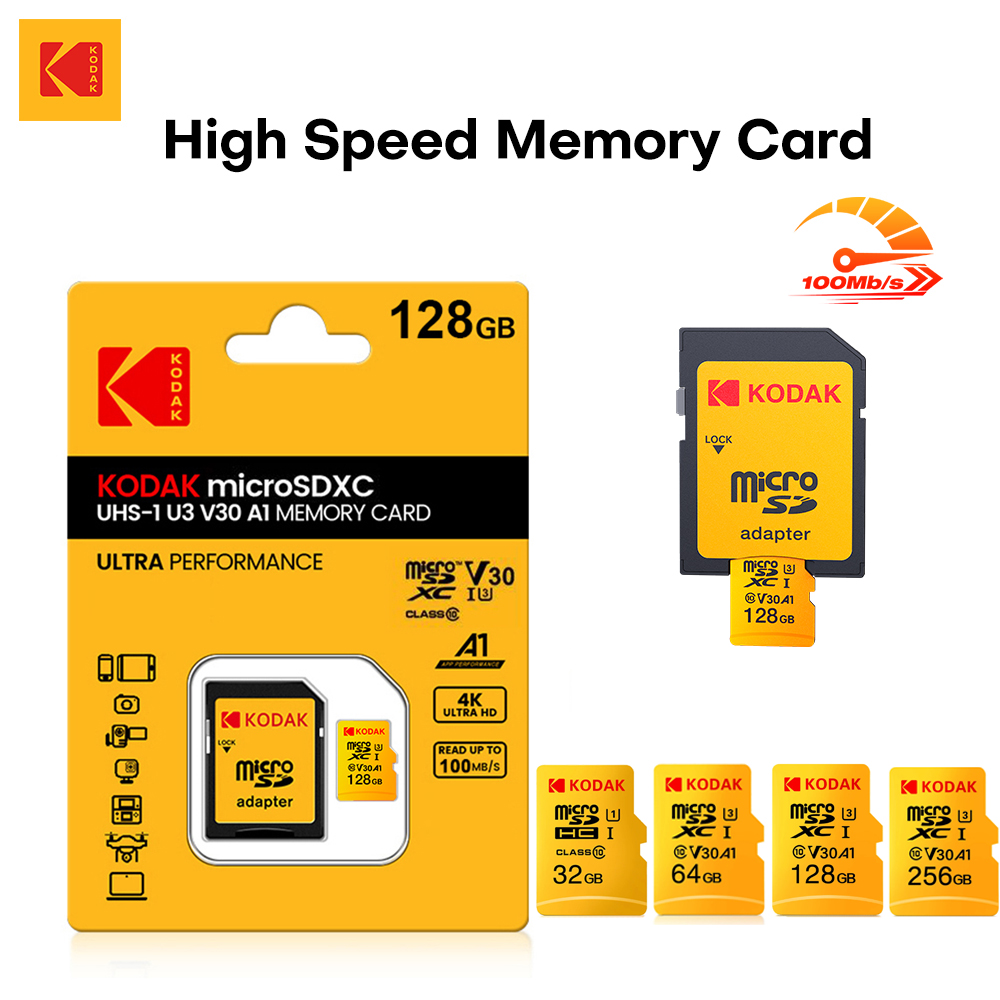 Scheda Micro SD KODAK Scheda di memoria da 256 GB FINO a 100 MB/s C10 U3 32 GB 64 GB 128 GB Scheda TF 4K HD per adattatore lettore di schede USB Microsd