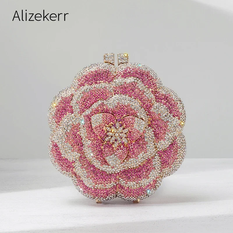 Alizekerr Rose รูปคริสตัลกระเป๋าผู้หญิง Gorgeous Boutique เพชรโลหะคลัทช์และกระเป๋าถือเจ้าสาวงานแต่งงาน