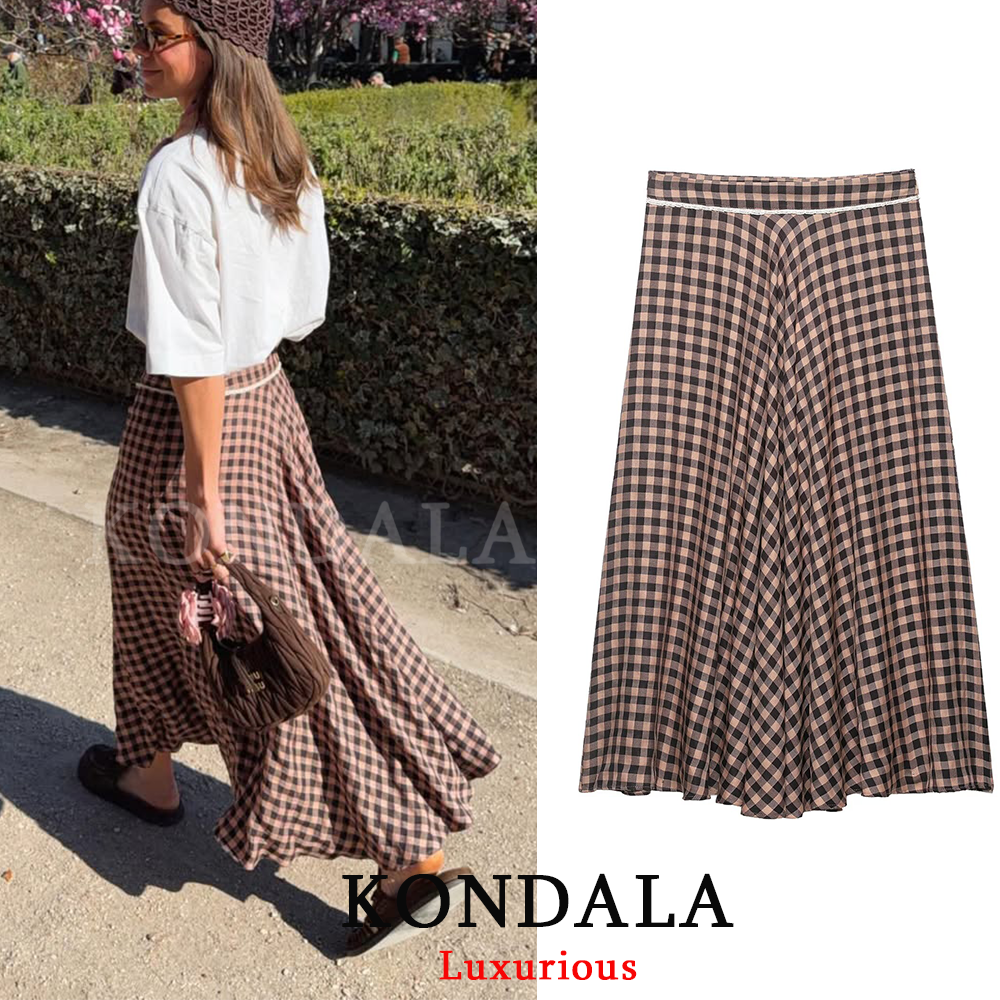 KONDALA Vintage Casual Chic Women Skirt Gingham Zipper Loose Lace Skirt New Fashion 2026 Spring Summer Holiday Female Long Skirt