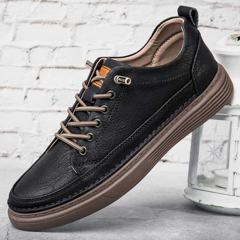 Sapatos casuais italianos masculinos, sapatos oxford com cadarço, couro genuíno, sola grossa, sapato para caminhada ao ar livre, preto, sapatos sociais para escritório