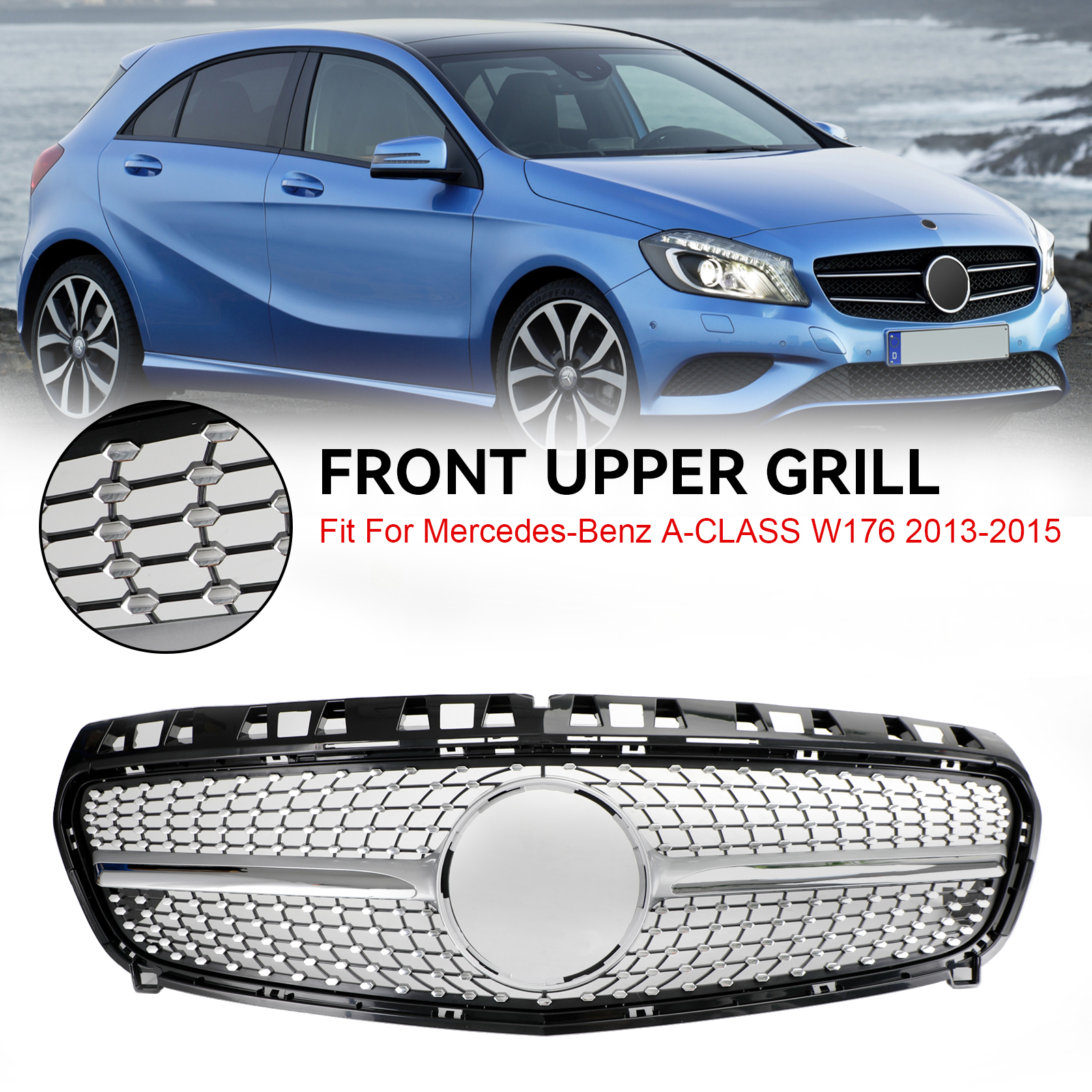 Artudatech Frontstoßstangengrill für Mercedes Benz A-KLASSE W176 2013–2015, Schwarz/Chrom