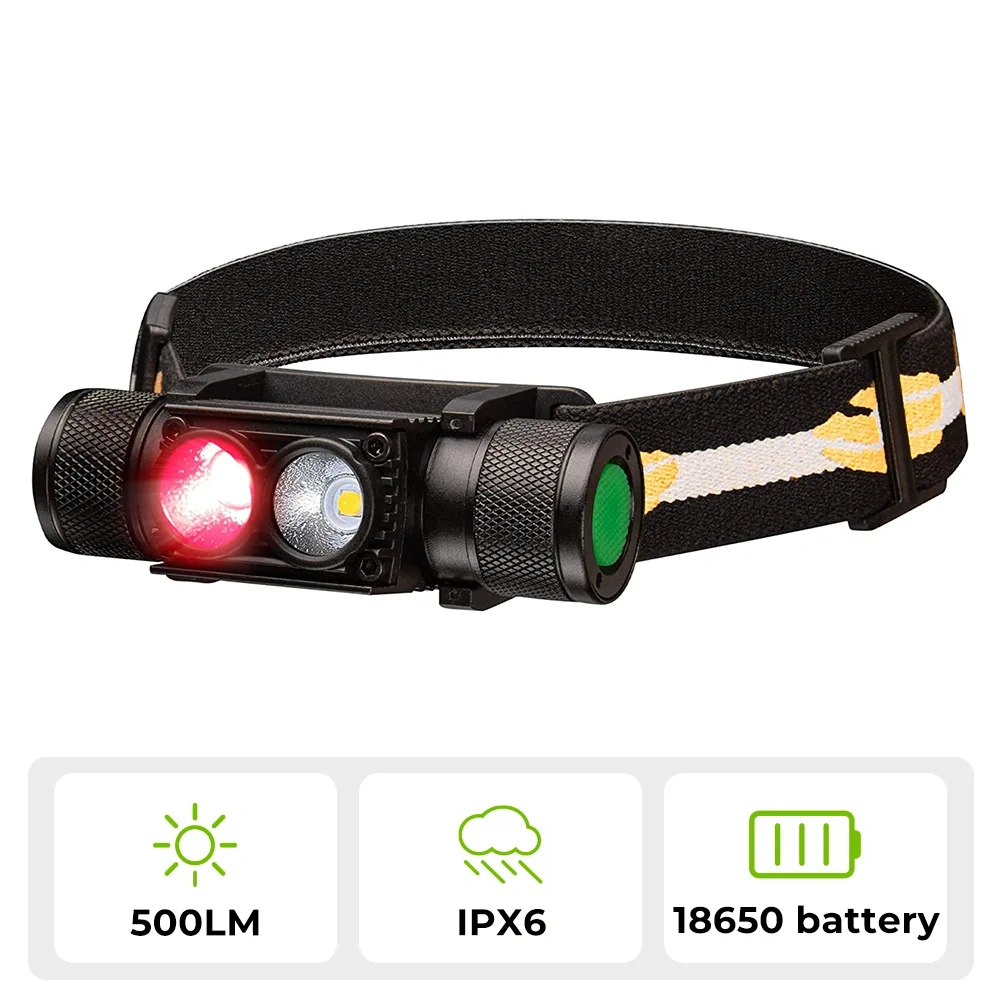 H25LR LED 90 High CRI Перезаряжаемый водонепроницаемый налобный фонарь Мощный легкий налобный фонарик с ярким белым светом + красный 660 нм
