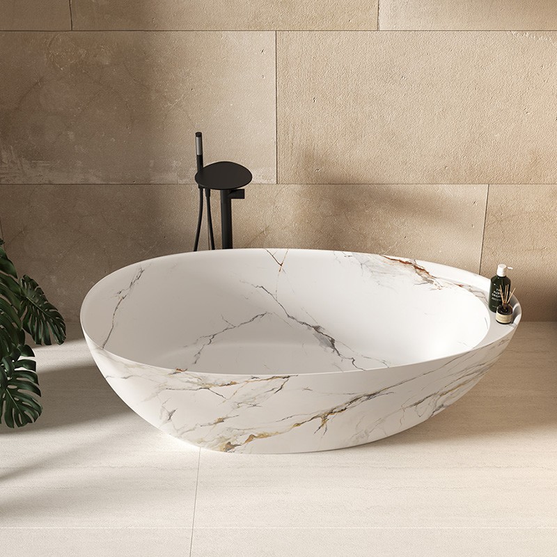 Bañera Independiente de Mármol Natural de 1.7m, Bañera Doble en Forma de Huevo con Repisa Integrada para Artículos de Tocador, para Hotel y Hogar