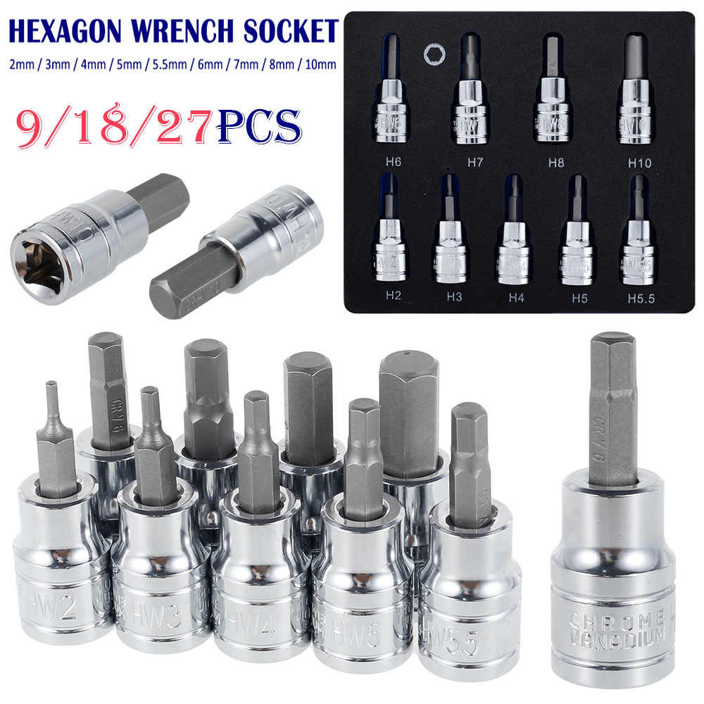 9/18/27Pcs 2-10mm Hex Bit Socke 3/8inch DR Drive Drill Metric Tools Kit Durable Impact Allen Key Sockets Narzędzia ręczne Akcesoria