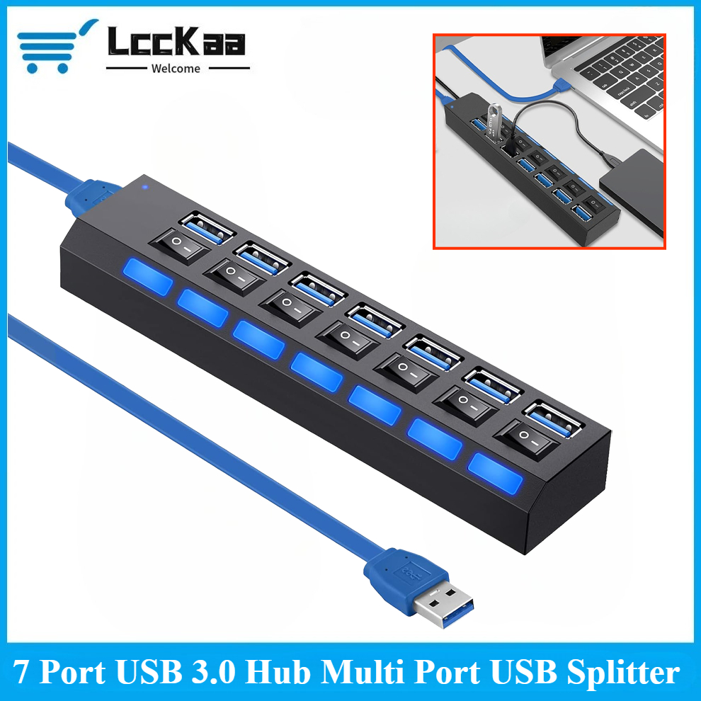 USB 3.0-Hub, USB-Hub 3.0, Multi-USB-Splitter, 3 Hab-Nutzung, Netzteil, 7-Port-USB3-Hub mit mehreren Expändern und Schalter für PC