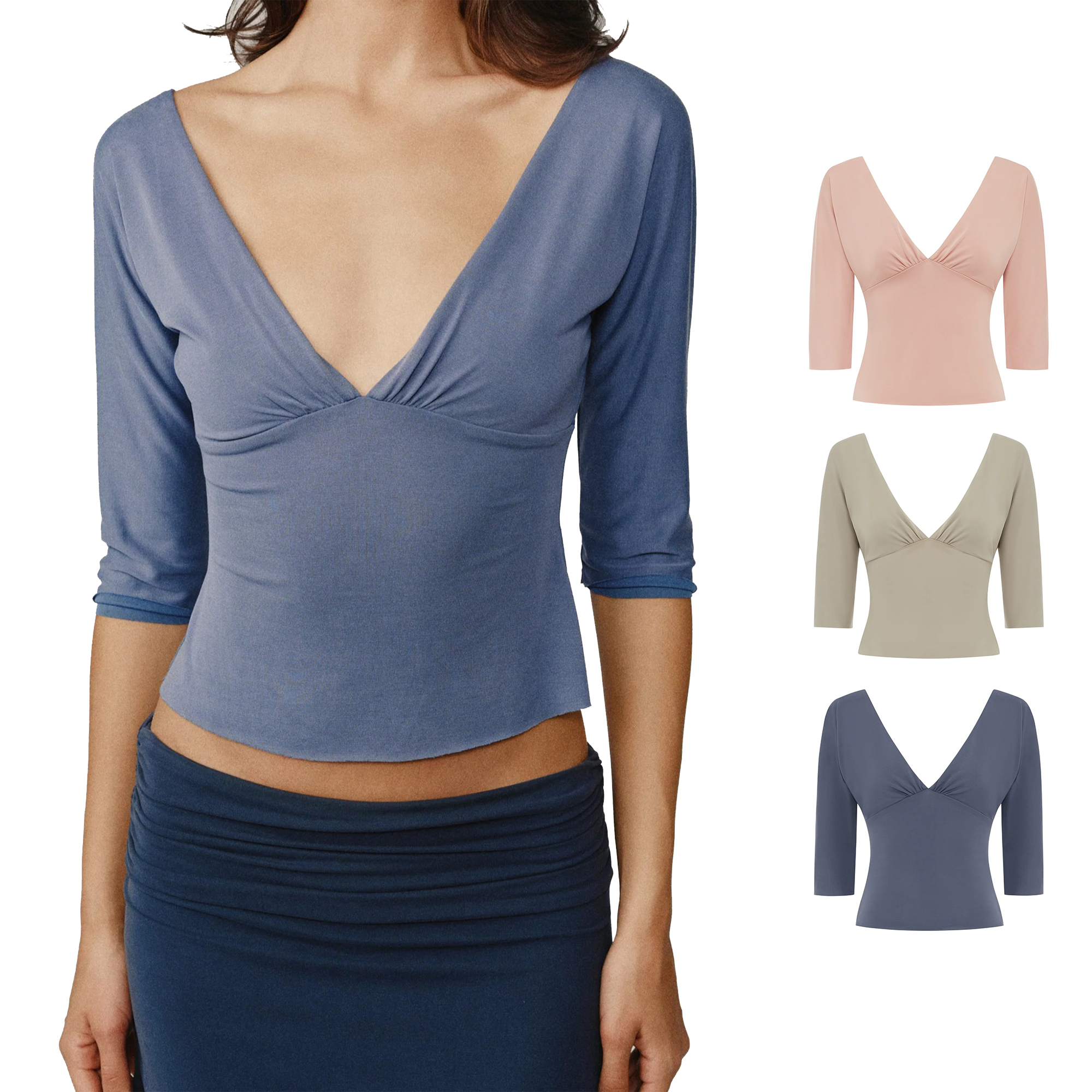 Wj Top con cuello en V profundo y fruncido, manga tres cuartos, camiseta básica de punto ajustada que expone la cintura, top corto con escote fruncido y cintura ajustada, top básico versátil de color liso