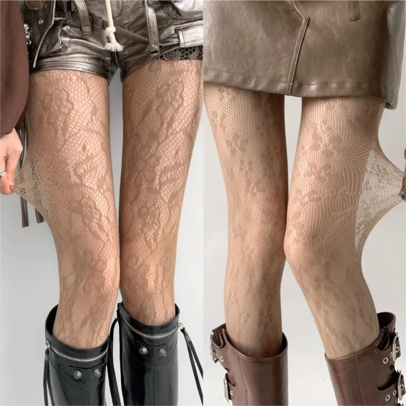 Новые кофейные ажурные колготки с цветочным принтом, женские сексуальные нейлоновые полые сетчатые колготки в японском стиле ACGN JK, милые ажурные чулки в стиле Лолиты