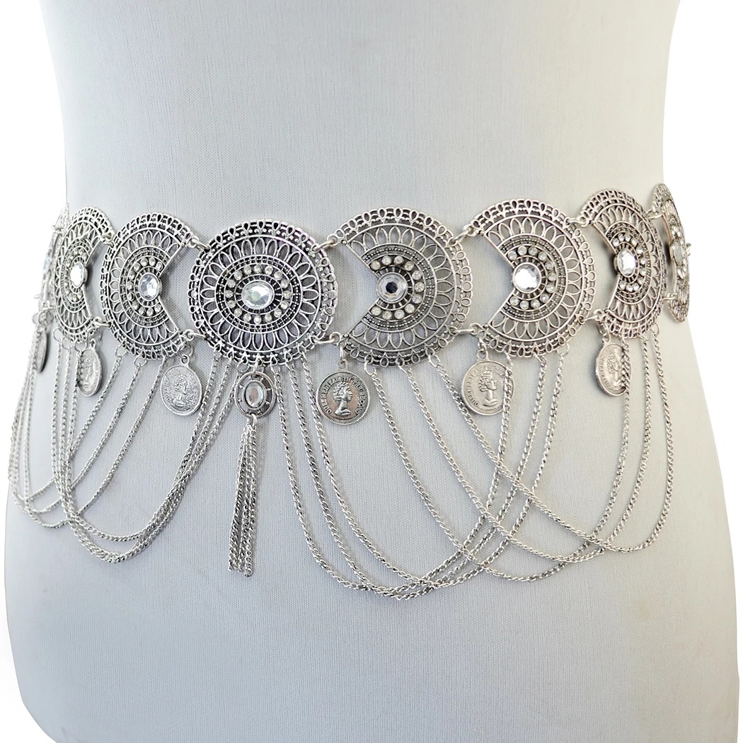 Desain Fashion Bohemian, Liontin Koin Berukir Tembaga Perak Berlapis Rhinestone dengan Rumbai, Rantai Pinggang Wanita dari Paduan Logam