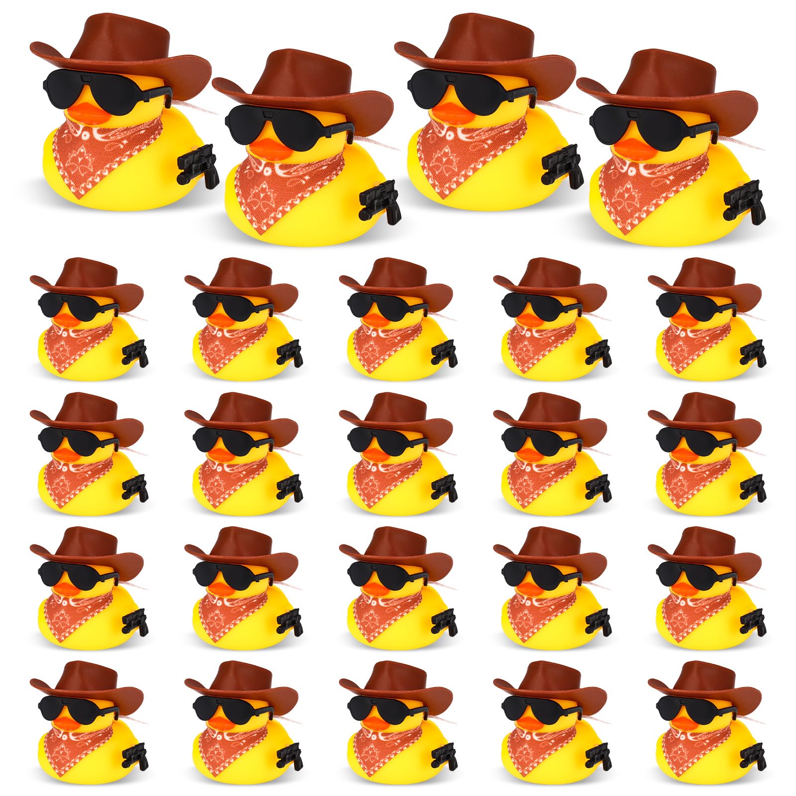 24/48 Juego de pato de goma vaquero con sombrero de vaquero, bufanda, gafas de sol, Mini patos de vaquero, pequeños patos amarillos de goma, patos de juguete para bañera