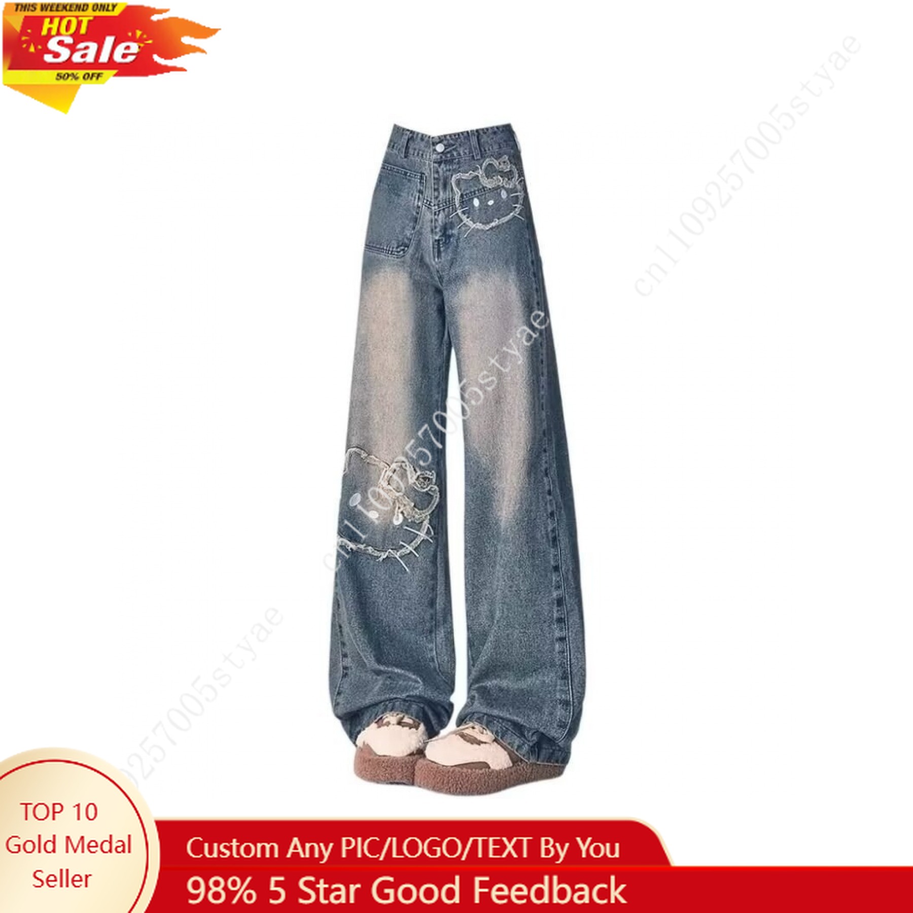 Hello Kitty High Street Retro KT Jeans Embroidered Patch Wide-Leg Jeans Women Summer Straight-Leg Trousers Versatile Pants