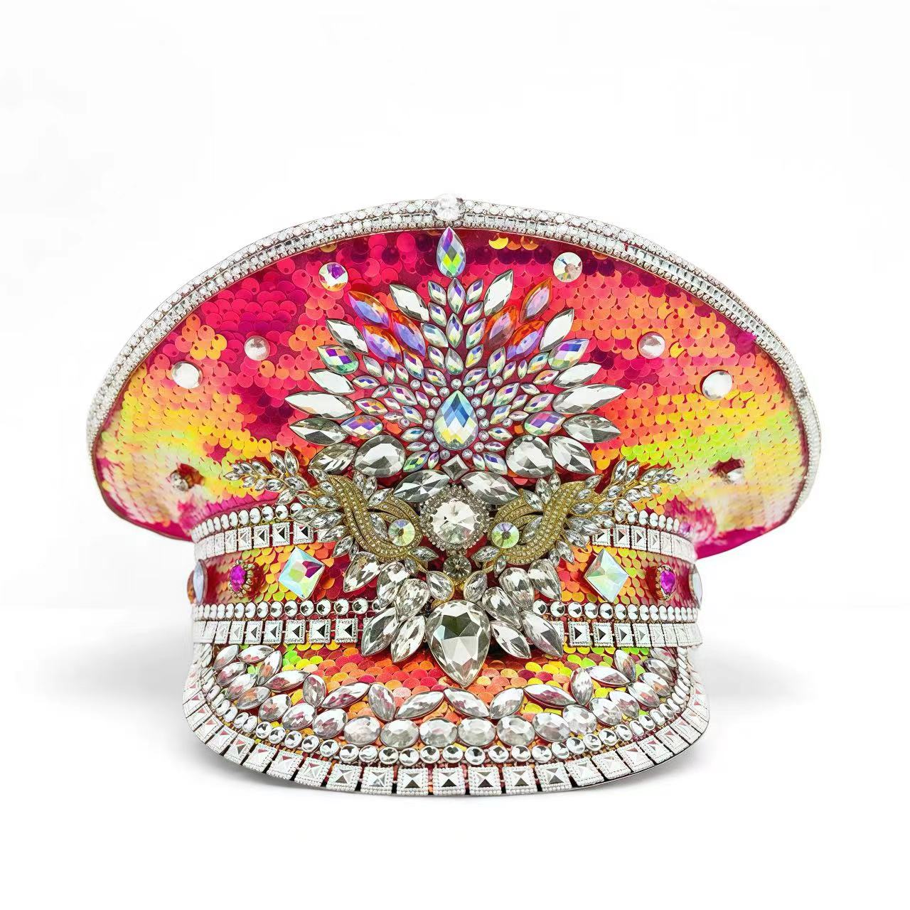 HongLuan Red Luxury Steampunk Capitão Chapéu Strass para Mulher - Burning Man Festival Avalórios Militares e Boné para Homem