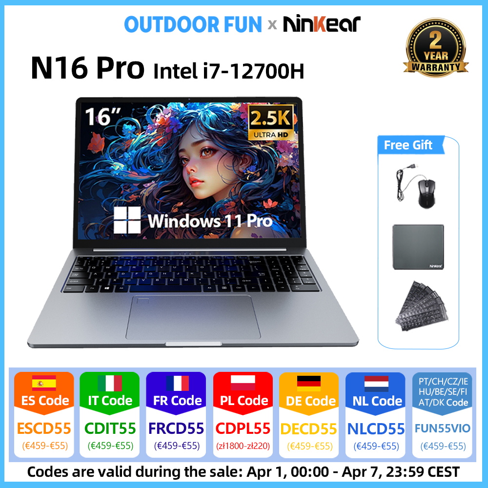 Ninkear N16 Pro Laptop 16 inch 2.5K 120Hz Intel Core i7-12700H WiFi 6 16GB RAM 1TB SSD Laptop Windows 11 Notebook Kantoorcomputer