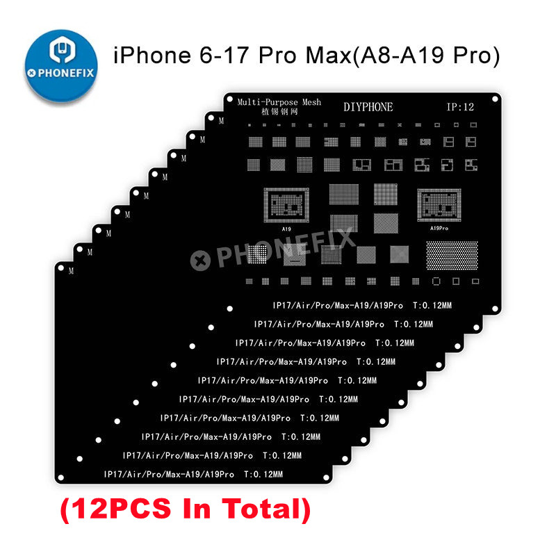Zestaw szablonów do reballingu BGA DIYPHONE do iPhone 17 16 15 14 13 13mini 11 12 Pro Max, czarna stal, siatka do lutowania cyną układów CPU IC