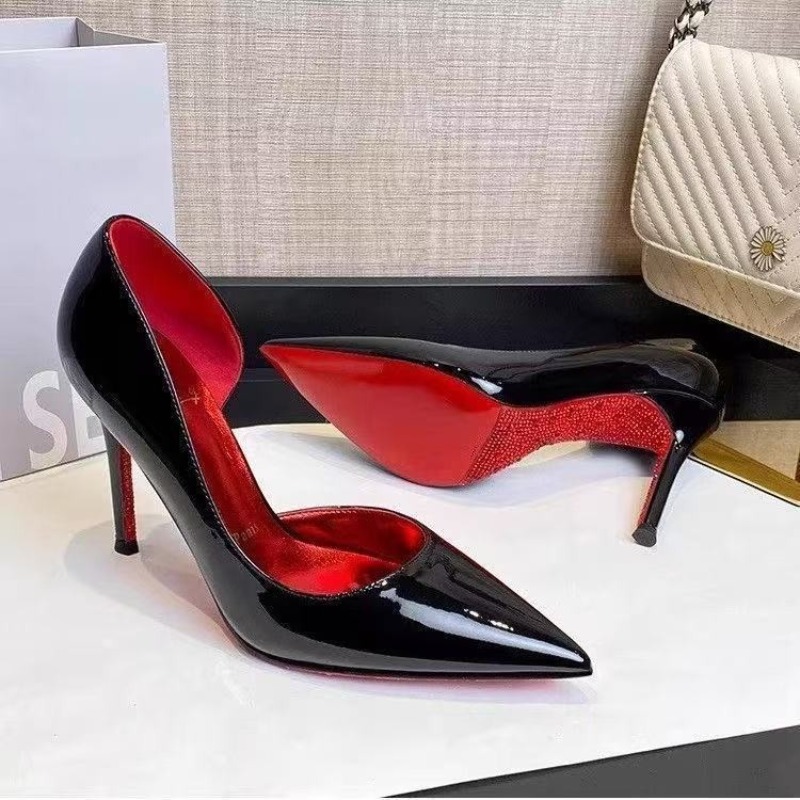 Elegante Durchbrochene Damen-High-Heels Luxusmarke Schwarze Spitze Pumps Glänzende Sohlen Sexy Modische Damenschuhe