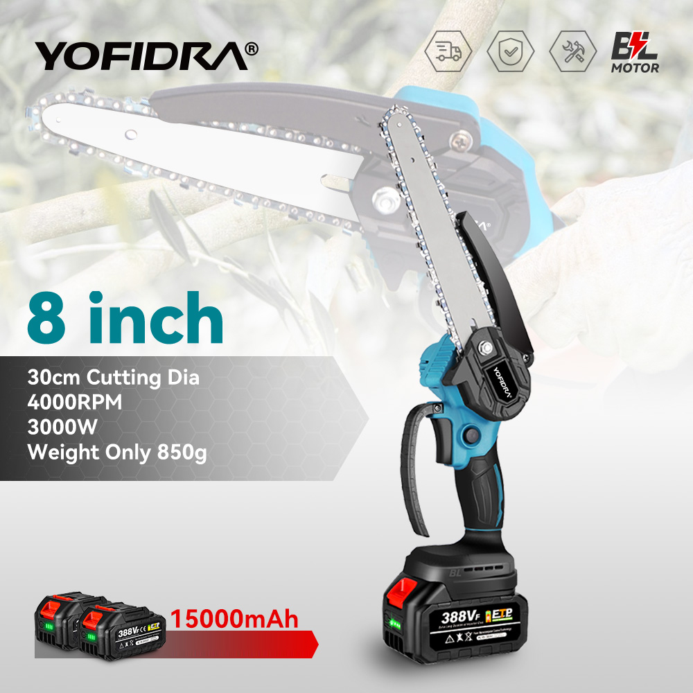 YOFIDRA 3000W 8Inch Borstelloze Kettingzaag Handheld Draadloze Snoeien Snijden Kettingzaag WoodWooking Power Tool Voor Makita Batterij pin