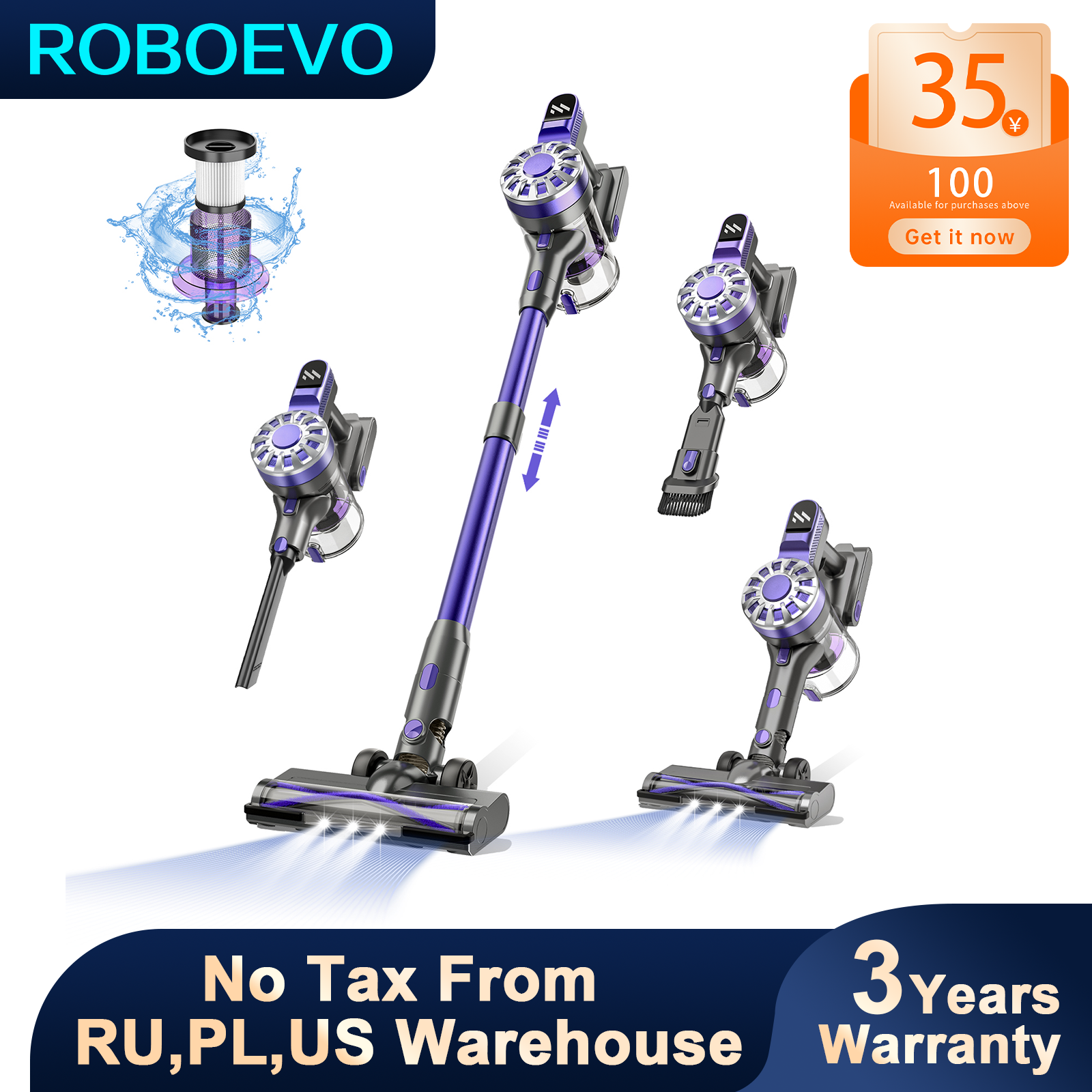 ROBOEVO V07 100kPa Aspirador de mano sin cable y fuerte succión Vaso de polvo desmontable 0.9L Aspirador inalámbrico para pelo de mascotas