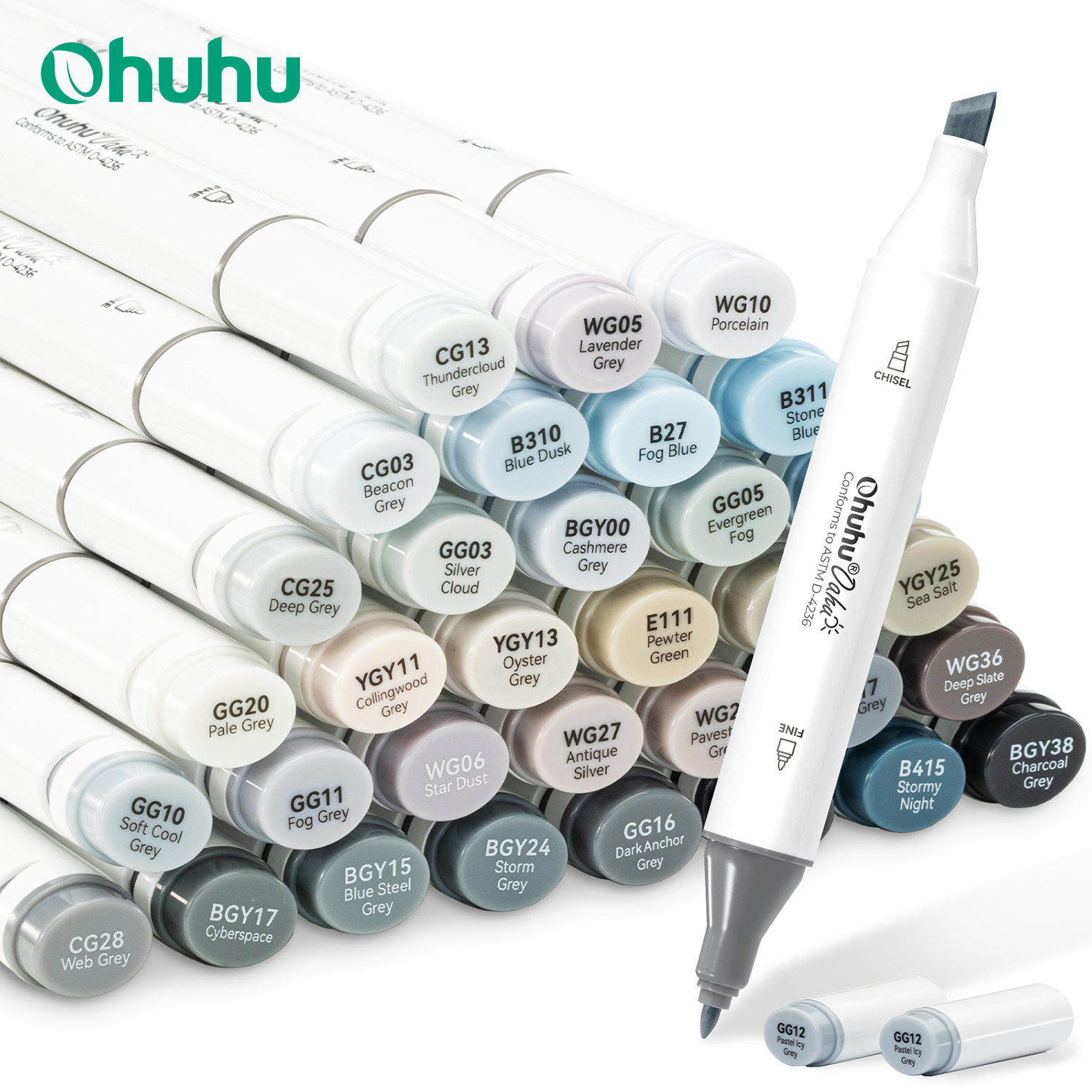 Ohuhu Oahu 36 grijze kleur markeerstift set alcoholkunststiften dubbele tips viltstift schetsen tekening graffiti manga schoolkunst