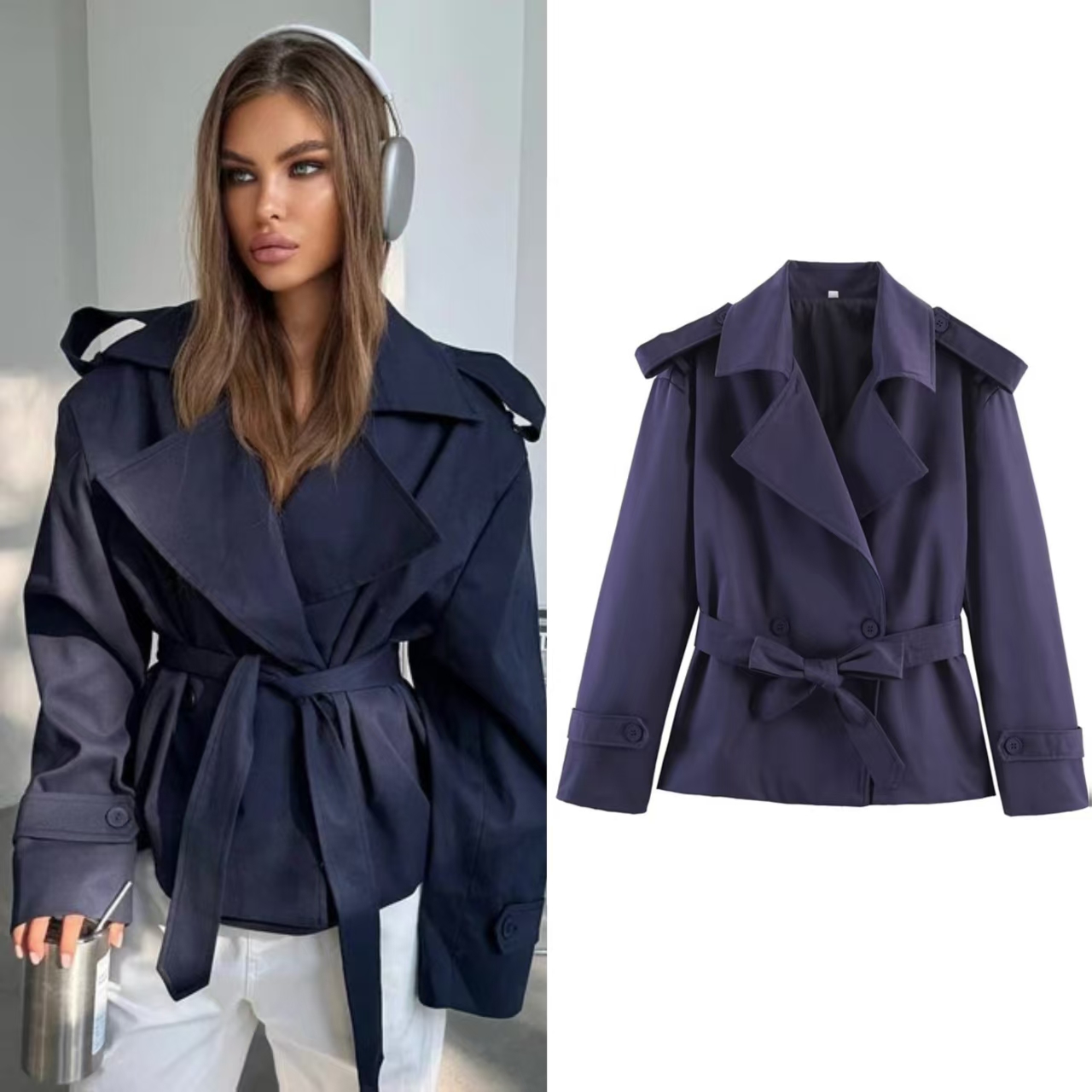 Damenmantel 2026 Herbst Neuer Stil Einfarbiger Langarm-Trenchcoat mit Gürtel Europäische und Amerikanische Personalisierte Mode