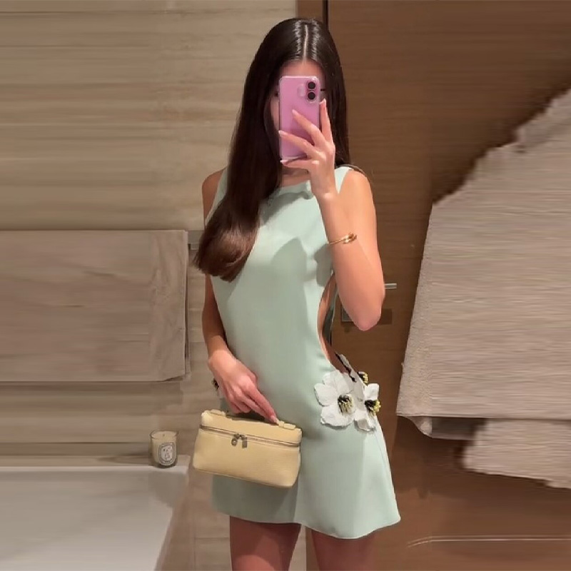Elegante 3D-bloem mouwloze mini-jurk voor dames, lichtgroene vakantiefeestjurken, stijlvolle vrouwelijke nieuwe trend zomerkleding