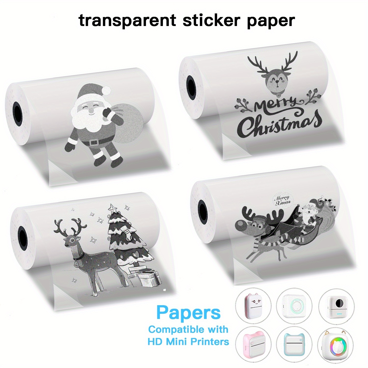 3/6/9 Rolls Clear Christmas Thermal Stickers HD Self-Adhesive Labels for Mini Portable Printer Holiday/Winter Design Clear Paper