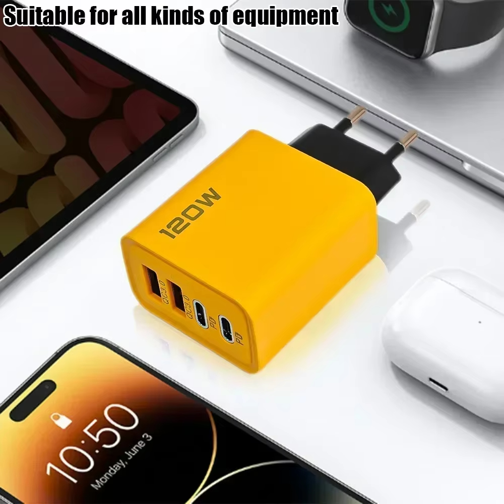 Total 120W 4-Port USB Type C Fast Wall Adapter for Quick Charge Mobile Phone - High-Speed Charging Dock for Phones Tablets