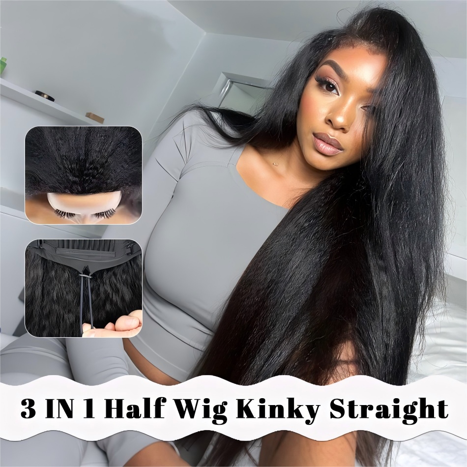 Perruque mi-tête Kinky Straight, densité 220, 3-en-1, avec cordon de serrage, sans couture, à porter sans colle, style mi-haut mi-bas, avec bandeau, 30 pouces