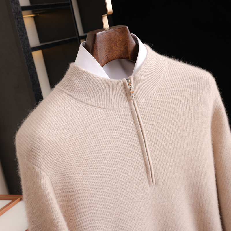 Suéter de punto 100% cachemira para hombre, estilo casual de negocios, cuello simulado, jersey moderno, estilo urbano, corte holgado, con media cremallera