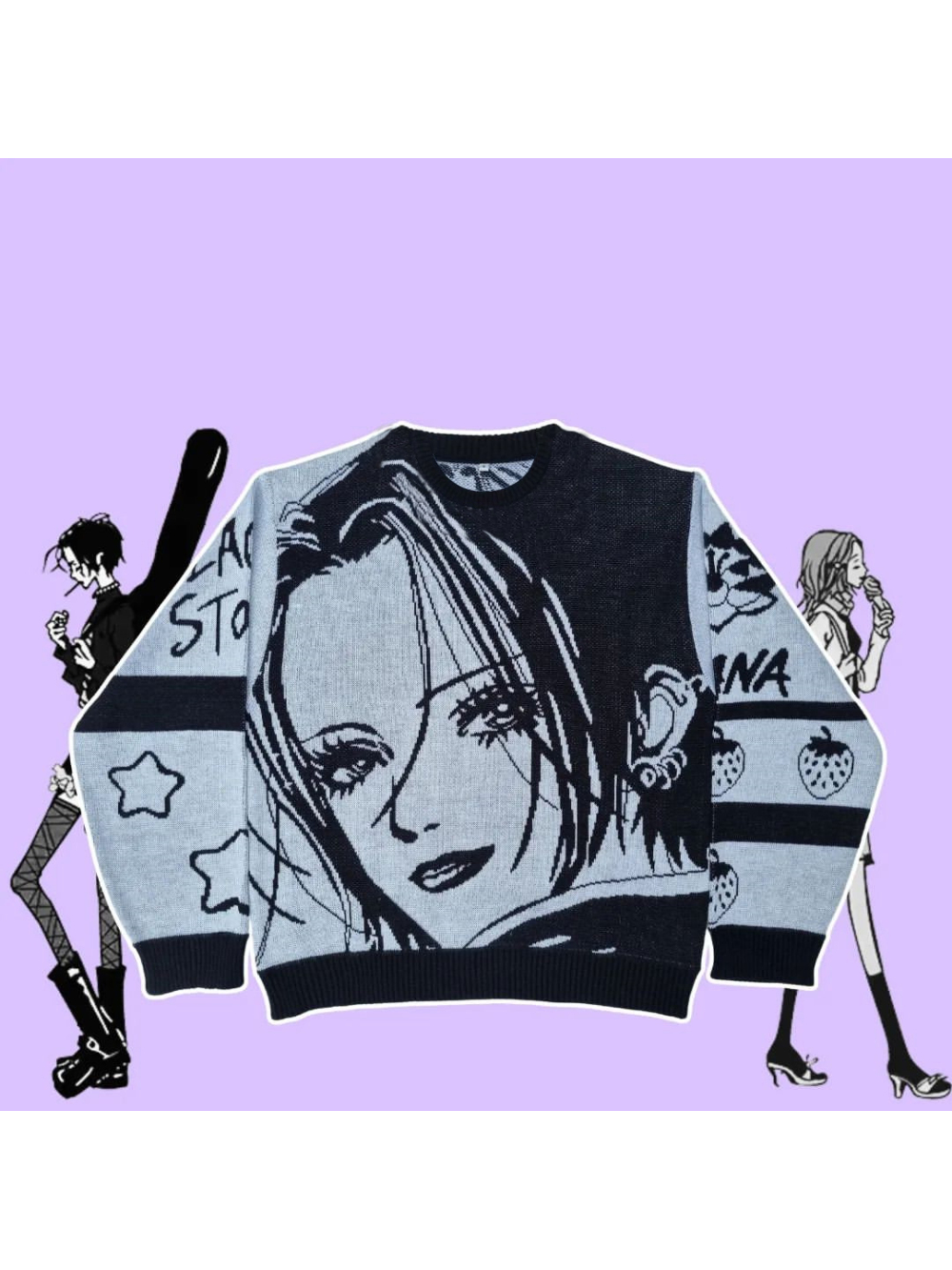 Nouvelle collection automne-hiver 2026 : Tricot décontracté tendance streetwear gris et noir contrastant, motif dessin animé subculture anime, style niche INS