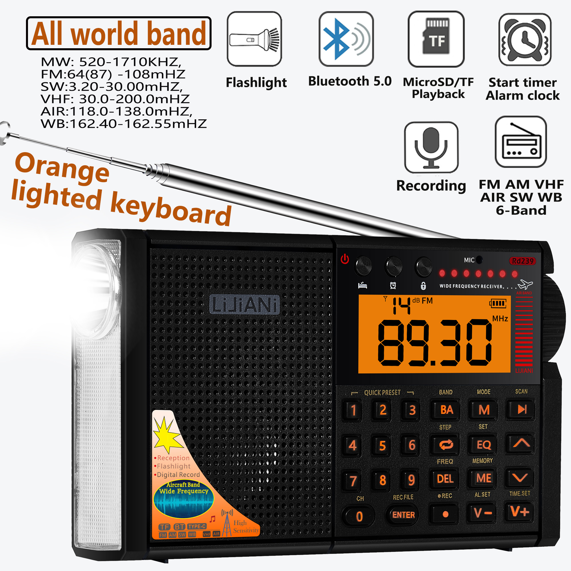 COMPANY-Radio amateur à ondes courtes, FM SW MW, VHF, Air WB, toutes bandes mondiales, Bluetooth, lecteur de carte TF, enregistrement numérique, réveil, 239