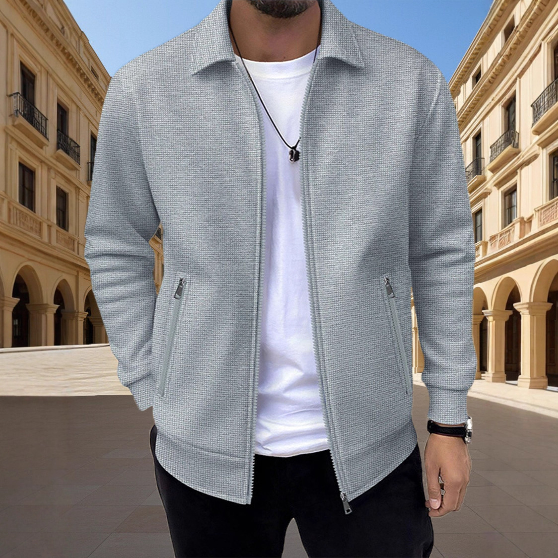 Cardigan slim fit da uomo tinta unita bavero texture waffle tasca con cerniera casual moda primavera/autunno 2025