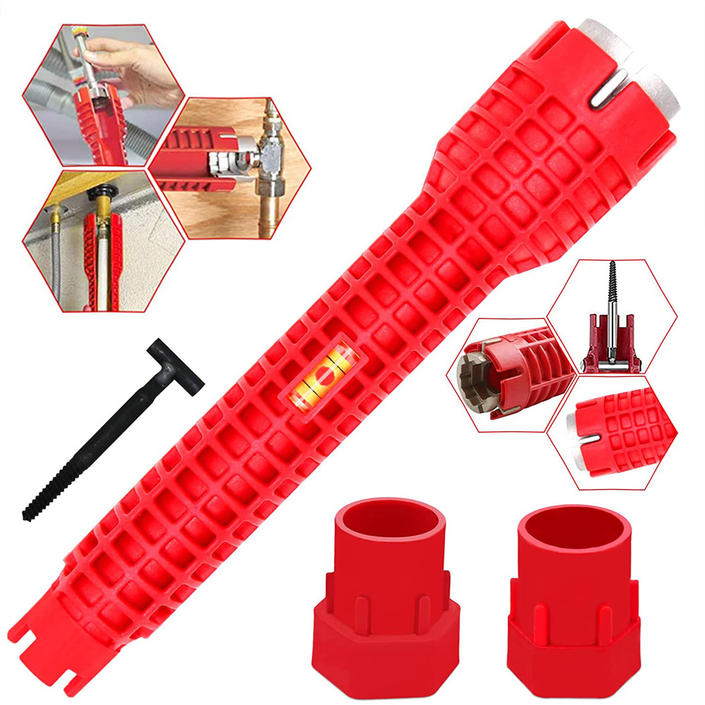 Llave de fregadero roja de tres cabezales, tornillo 8 en 1, calentador de agua, llave de tubo de agua, juego de herramientas de mano
