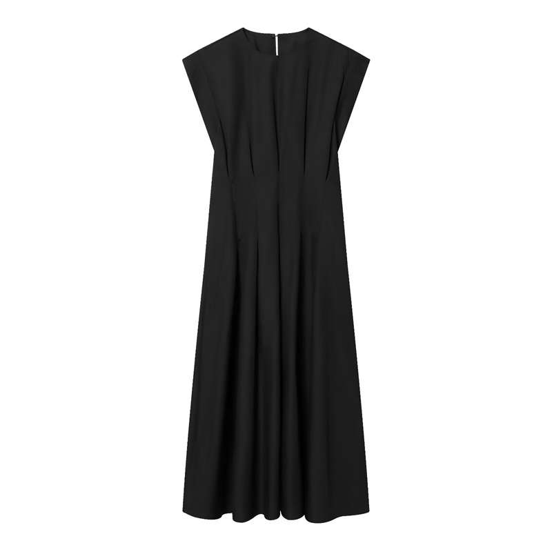 Damenkleid 2026 Frühling Neu Schwarzes Kurzarm-Plissee-Kleid mit Dekorativen Elementen A-Linie Langes Kleid Elegant und Schlicht Modisch