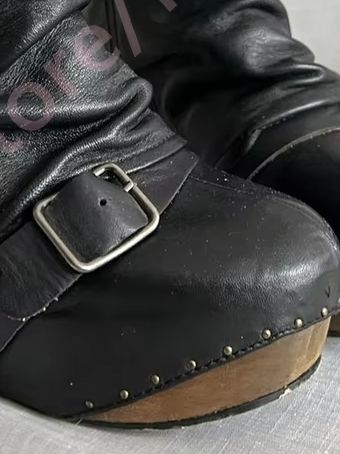 Stivali Slouchy Retrò Neri da Donna con Tacco a Zeppa, Fibbia Metallica e Borchie Decorative, Piattaforma per Uso Quotidiano Invernale all'Aperto