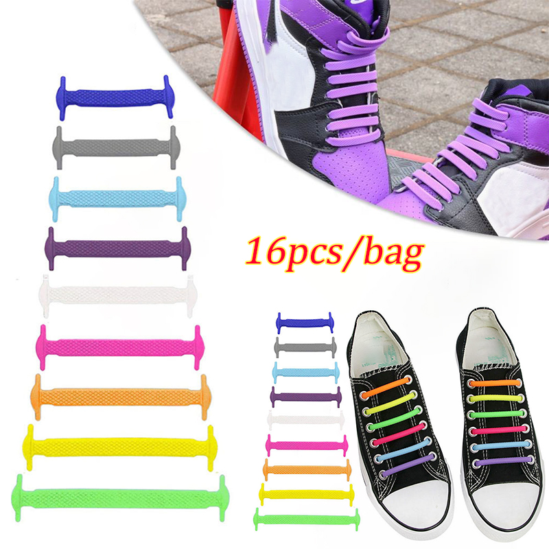 16 pares/lote de cordones elásticos de silicona sin atar, especiales para zapatillas de niños y adultos, cordones rápidos y creativos de goma para calzado sin esfuerzo.