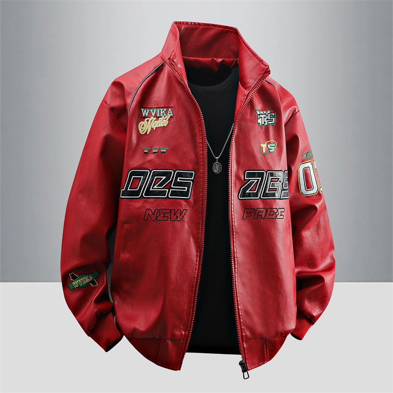 Jaket Kulit Motor Pria Bordir Huruf Mantel Kulit Patchwork Fashion Streetwear Jaket Motor Amerika Merah Putih Hitam