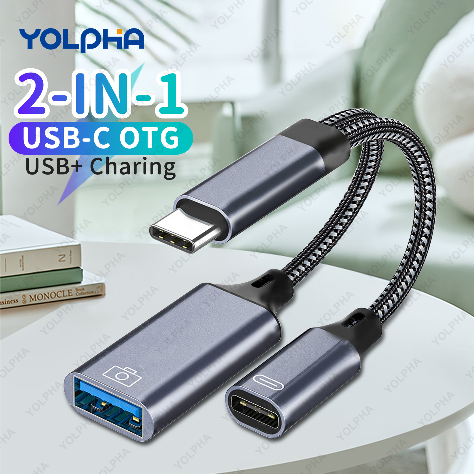 สายเคเบิล USB C OTG อะแดปเตอร์โทรศัพท์ 2 in 1 Type C เป็น USB A พร้อมพอร์ตชาร์จ PD สำหรับโทรศัพท์ Samsung Huawei Xiaomi แล็ปท็อป แท็บเล็ต