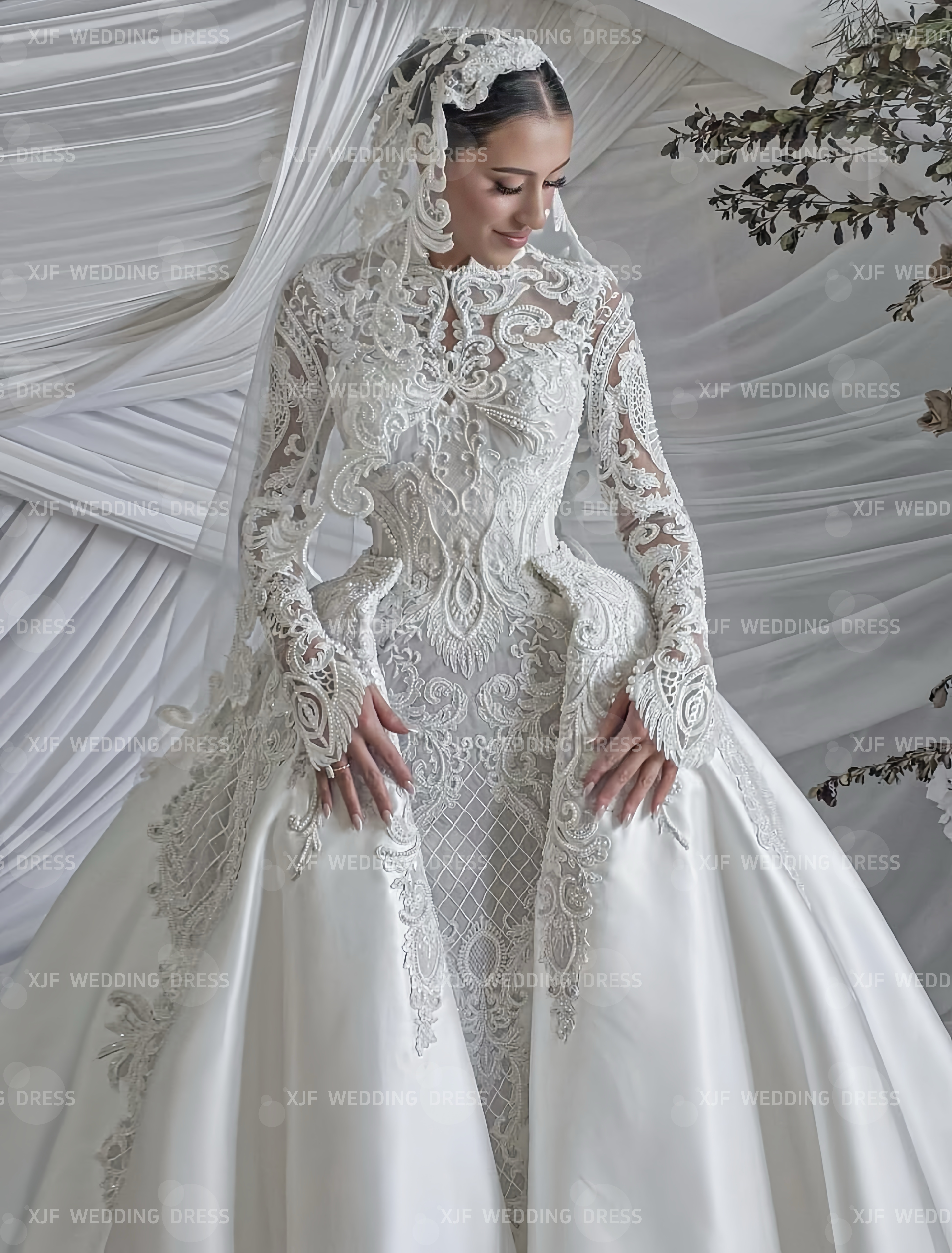 Customzied High Collar Long Sleeve Mermaid Detachable Tail Lace Wedding Dress Vestidos De Novia Amanda Novias Amanda Novias Offi