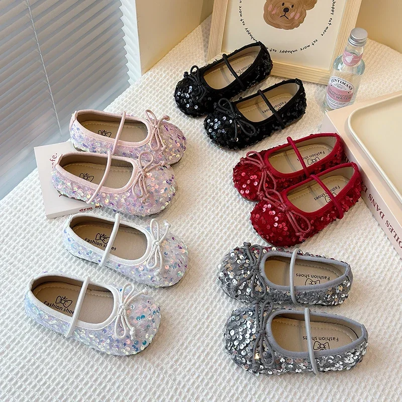Girls' Shoes 2025 Spring New Fashion Little Girl Sequin Princess Shoes Soft Sole Girls' Shallow Mouth Single Shoes Breathable