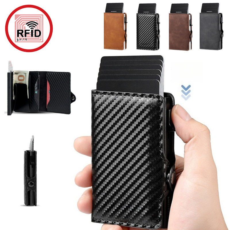 Carbon Fiber Creditcardhouder Heren RFID Blokkerende Slimme Metalen Dunne Pop-up Minimalistische Portemonnee Kleine Portemonnee Metalen Muntentas