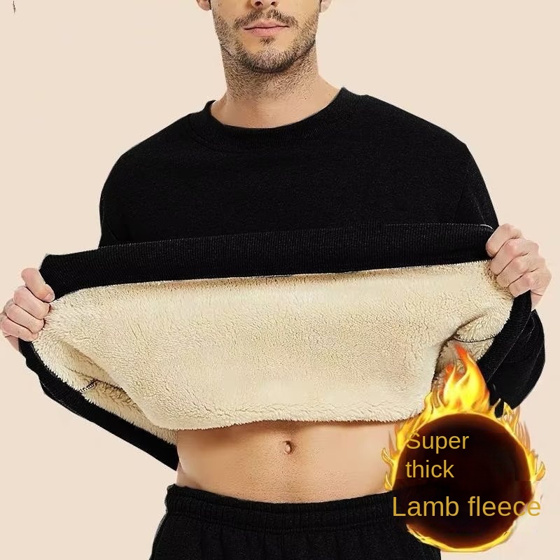 Hommes nouveau hiver chaud polaire doublé t-shirt épais col rond solide basique pull sweat thermique confortable sous-vêtements hauts vêtements