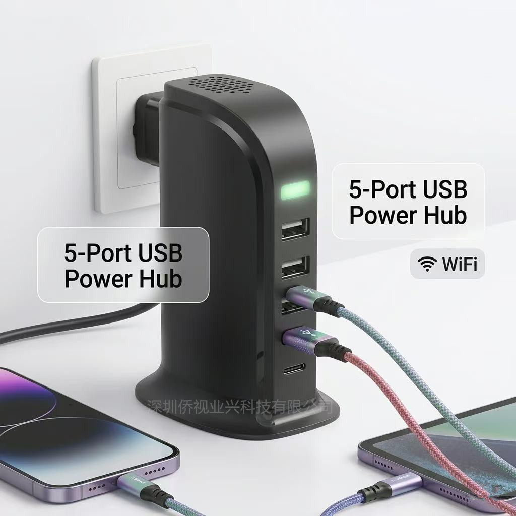 Настольная зарядная станция USB на 5 портов с Wi-Fi камерой видеонаблюдения, многопортовым блоком питания, HD 1080P смарт-камерой для умного дома и управлением через приложение