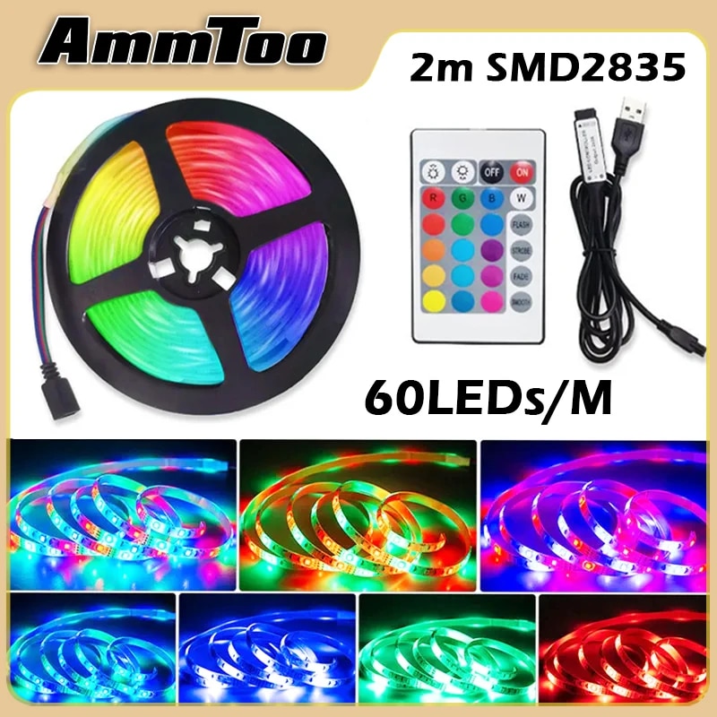 USB LED Lights Strip Tape com controle remoto, luz de fundo para armário de cozinha, quarto, PC, TV, iluminação doméstica, 60LEDs por m, 2835, 24 Key IR, 2m
