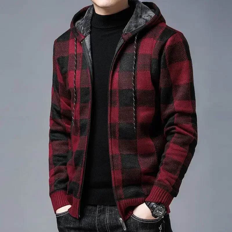 Suéter de punto con cremallera para hombre, ropa a cuadros, cárdigan, sudaderas con capucha con cremallera, Tops rojos gruesos de invierno, jerséis informales con estilo, baratos y baratos A