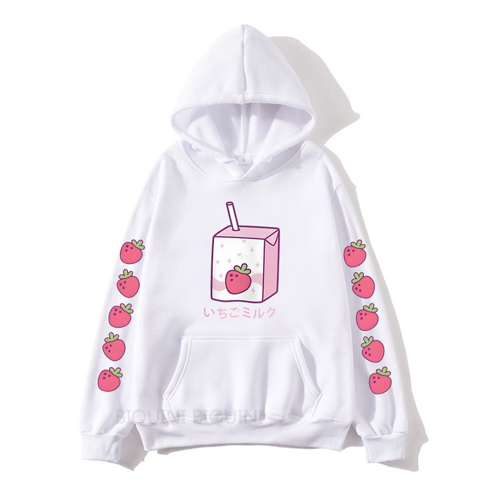 Sudaderas con capucha con estampado de dibujos animados de leche de fresa, sudaderas con capucha de manga larga, ropa Kawaii para niñas, Moletom femenino de invierno para mujeres