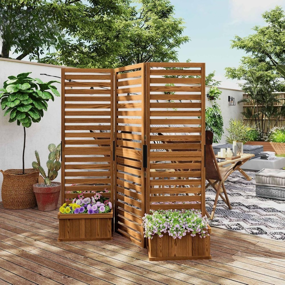 Freestanding Outdoor Privacy Screen, 4 Self-Draining Planters/Raised Garden Beds, 3 Hinged Panels for Hot Tub, Customized