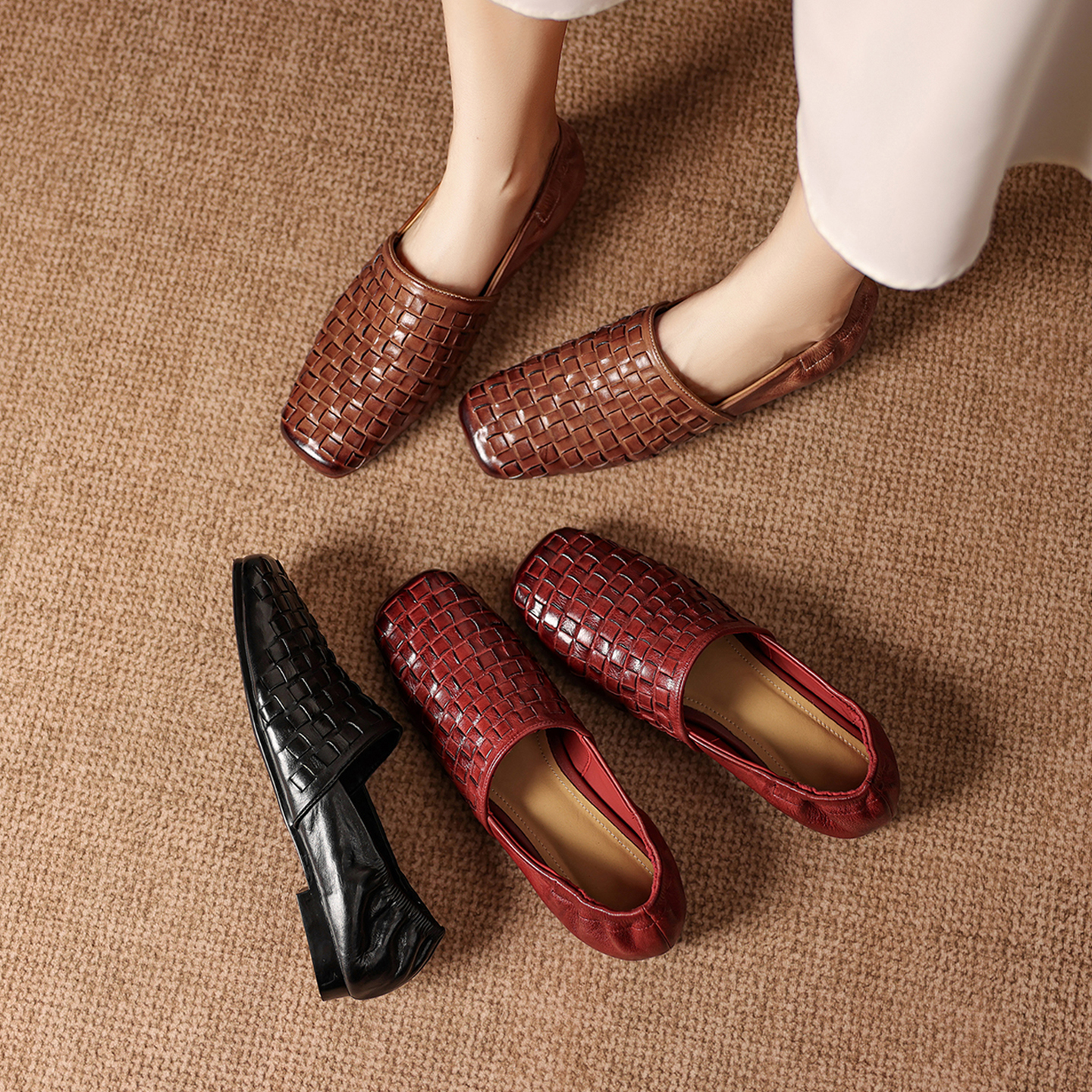 Escarpins pour femmes, en cuir naturel, 22-25cm, en cuir de vache et peau de mouton, bout carré, talon bas, chaussures à la mode, nouvelle collection printemps-automne 2026