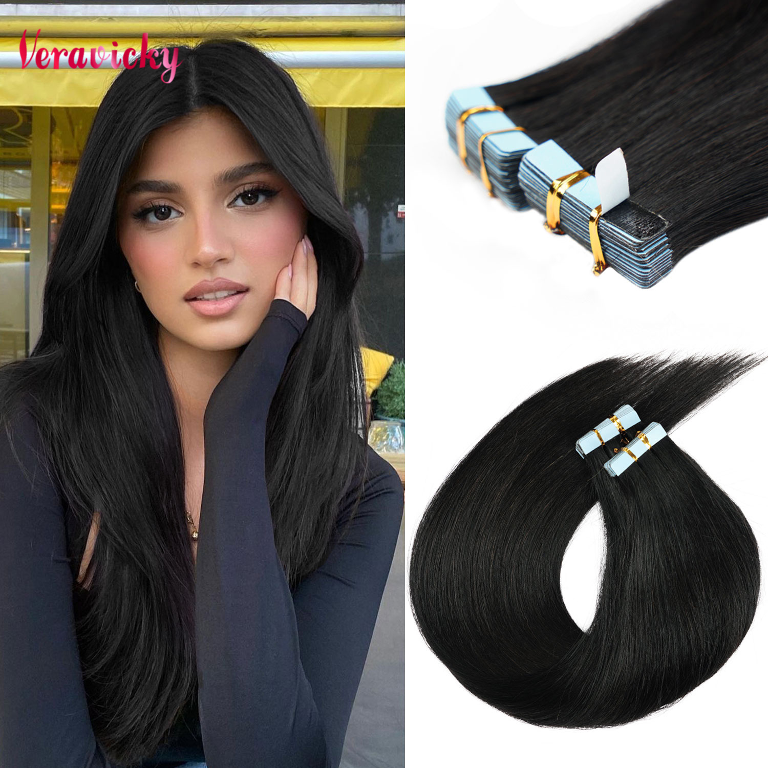 Veravicky ヘアテープでヘアエクステンション自然人毛小さなインターフェイス 4 × 0.8 センチメートルスキン横糸レミー 20 個 16-24 インチ薄毛用
