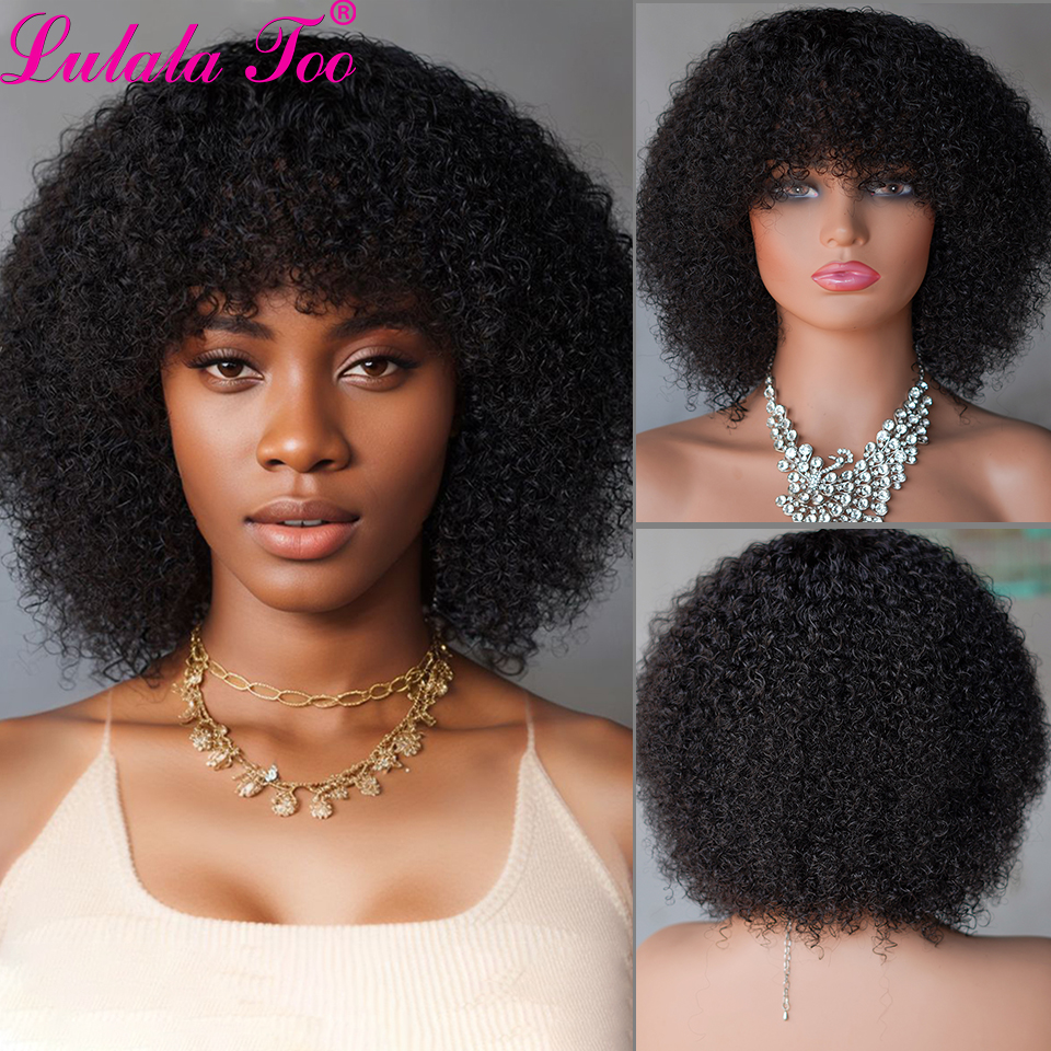 12 inch Afro Kinky krullende Bob pruik, met pony krullend Pixie Cut lijmloze pruiken machinaal gemaakte Braziliaanse menselijke haarpruiken, voor zwarte vrouwen